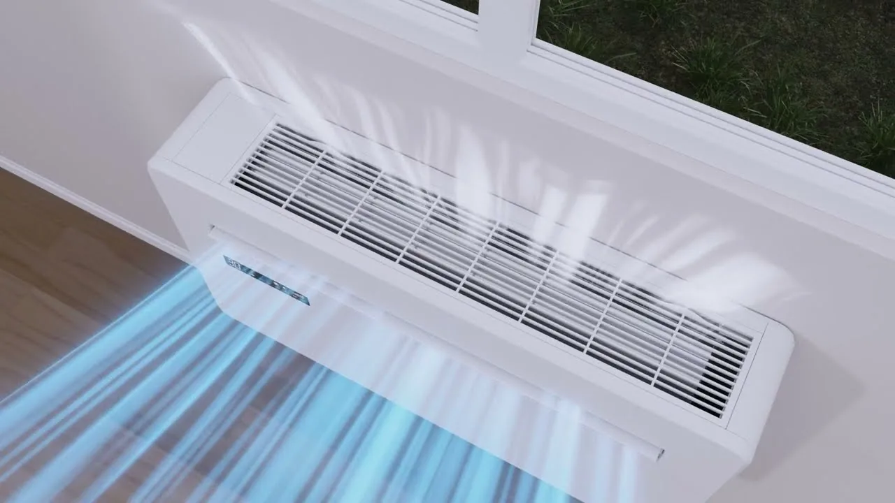 Standbild aus dem Herstellervideo: das Gerät unter einem Fenster, kühle Luft strömt in den Raum.